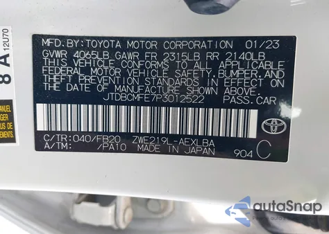2023 Toyota Corolla Hybrid Le z USA, uszkodzony, nr VIN JTDBCMFE7P3012522